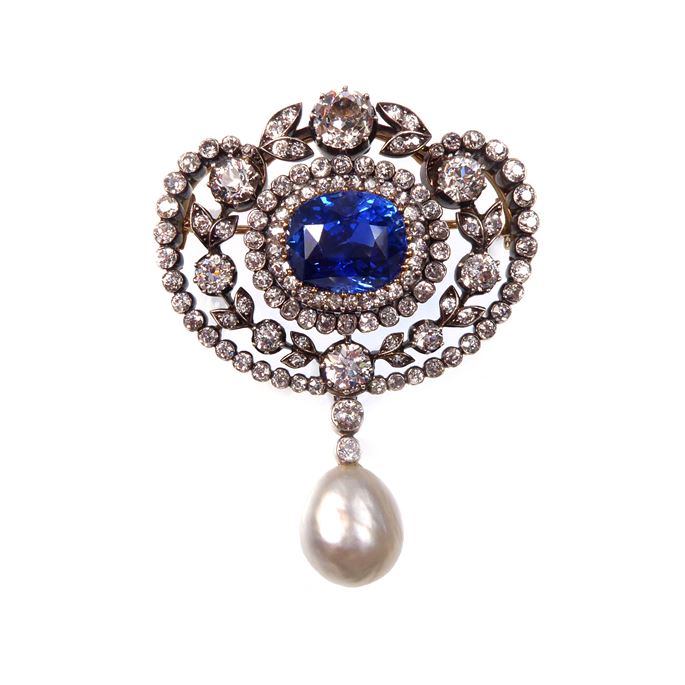 Austrian sapphire, diamond and natural drop pearl cluster pendant brooch | MasterArt